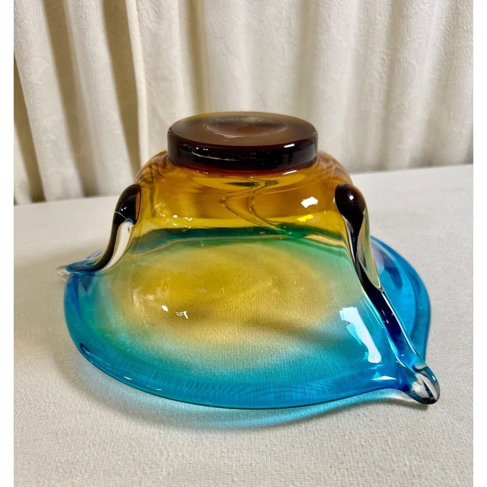 Mid-Century Modern Hand Blown Art Glass Console Bowl in Turquoise and Amber